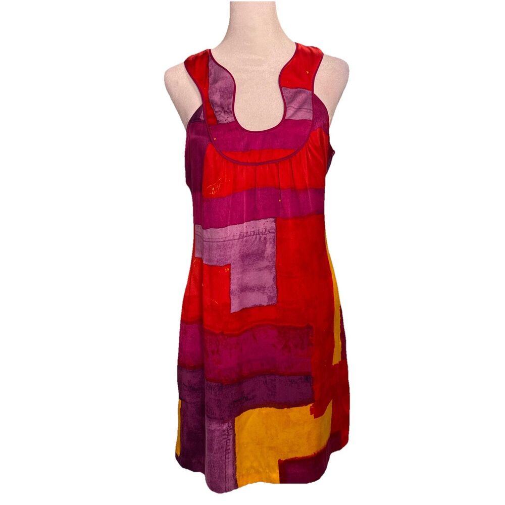 VTG Laundry by Shelli Segal Patchwork Silk Dress Sz 4 90s Artsy Y2K Boho Retro